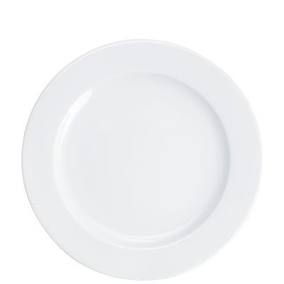 Ein runder, weißer Teller aus Porzellan, ohne Verzierungen. Der Teller hat einen leicht erhöhten Rand und eine glatte Oberfläche. Die Perspektive zeigt den Teller von oben, sodass die Form und die Farbgebung deutlich zur Geltung kommen. Ideal für die Präsentation von Speisen oder als vielseitiges Geschirrstück in der Tischdekoration.