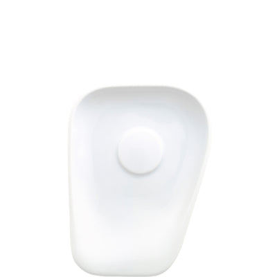 Eine schlichte, weiße Schale mit einer sanften, abgerundeten Form. In der Mitte der Schale befindet sich ein kleiner, runder Reliefpunkt. Die Oberfläche ist glatt und glänzend, was für einen modernen und minimalistischen Look sorgt. Die Schale könnte als Geschirr oder für dekorative Zwecke verwendet werden.