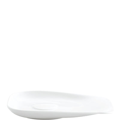 Ein flacher, ovaler Teller aus weißem Porzellan, der eine glatte Oberfläche und eine leicht erhabene Kante aufweist. Der Teller hat eine kreisförmige Vertiefung in der Mitte, die für Saucen oder Dips geeignet ist. Der Hintergrund ist neutral, um den Fokus auf den Teller zu lenken.