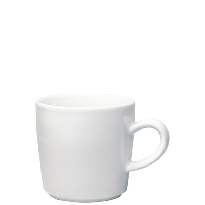 Weißer Kaffeebecher ohne Henkel, stehend auf einer glatten, hellen Oberfläche. Der Becher hat eine klare, einfache Form mit einem schmalen Rand und einer zylindrischen Struktur. Die Innenseite ist ebenso weiß, was für ein harmonisches Gesamtbild sorgt. Ideal für Kaffee oder Tee.