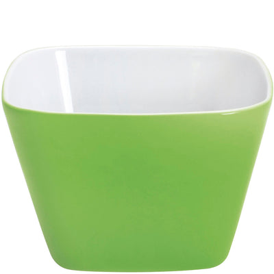 Ein quadratischer, niedriger Schüssel in einem lebhaften Grünton mit einer weißen Innenfläche. Die Außenseite hat eine glatte, glänzende Oberfläche, während die Form modern und einfach gestaltet ist. Ideal für Salate, Snacks oder Beilagen.