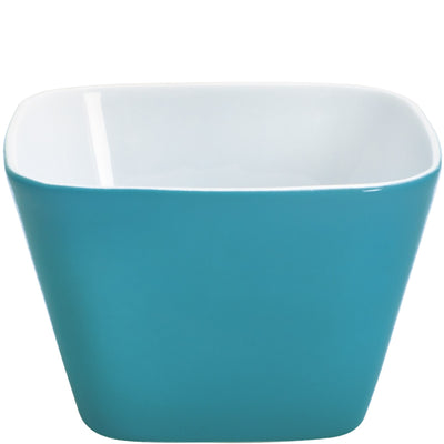 Ein quadratisches Schüsselchen in einem lebhaften Türkisblau mit einer weißen Innenfläche. Die Schüssel hat sanfte, abgerundete Ecken und verleiht jedem Tisch eine frische Note. Sie eignet sich ideal für Snacks, Dips oder kleine Beilagen und ist sowohl elegant als auch funktional.