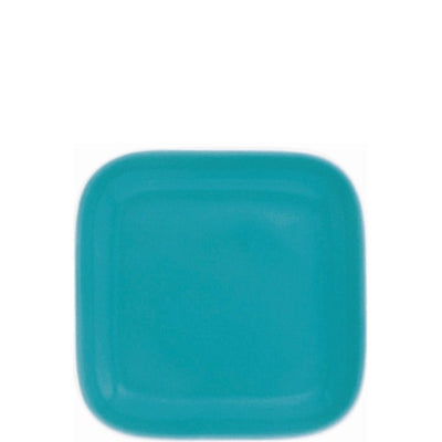 Ein quadratischer, flacher Teller in leuchtendem Türkisblau. Die Kanten sind leicht abgerundet und die Oberfläche glänzt, was auf ein glasiertes Material hinweist. Der Teller hat keine Muster oder Verzierungen und wirkt einfach und modern.