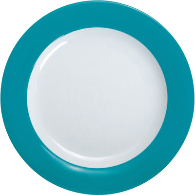 Ein flacher Teller mit einem weißen Innenraum und einem türkisfarbenen Rand. Der Teller hat eine glatte Oberfläche und ist rund geformt. Ideal für Servieren von Hauptgerichten oder Salaten.