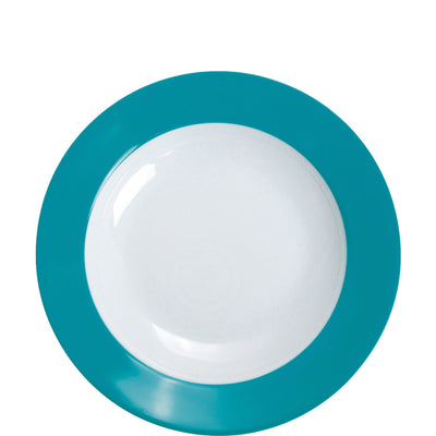 Ein runder Teller mit einem breiten, türkisfarbenen Rand und einer glatten, weißen Innenfläche. Der Teller hat eine moderne und elegante Form, die für verschiedene Tischdekorationen geeignet ist. Er ist sowohl für den Alltag als auch für besondere Anlässe ideal.
