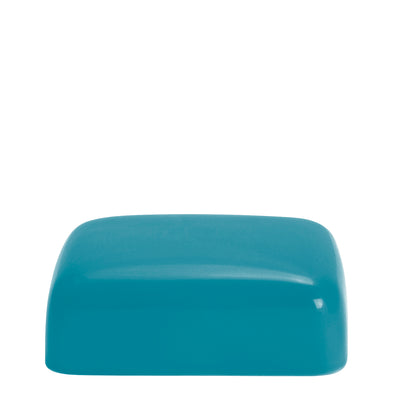 Das Oberteil der eckigen Butterdose. Die Außenseite ist türkis.