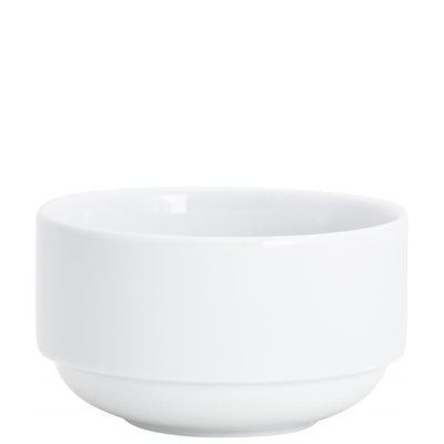 Ein schlichtes, weißes Keramikschälchen mit rundem Boden und geraden, leicht nach oben verlaufenden Wänden. Das Innere des Schälchens ist glänzend und eben, während die Außenseite ebenfalls eine glatte, matte Oberfläche aufweist. Das Schälchen eignet sich für Snacks, Saucen oder kleine Beilagen und hat einen minimalistischen, modernen Look.