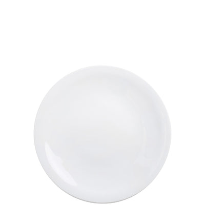 Ein einfacher, runder weißer Teller ohne Muster ist abgebildet. Die glatte Oberfläche reflektiert das Licht leicht, während der Teller auf einem neutralen Hintergrund präsentiert wird. Ideal für Servierzwecke oder als Teil eines Geschirrsets.