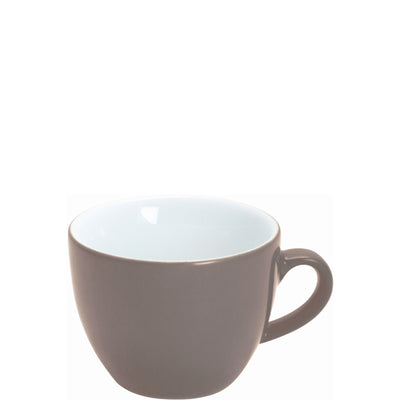 Eine schlichte, runde Kaffeetasse aus Keramik, die von außen in einem matten, grauen Farbton gehalten ist. Der Innenteil der Tasse zeigt ein helles, weiches Blau. Die Tasse hat einen stabilen, nach rechts gerichteten Henkel und steht auf einer glatten Oberfläche.