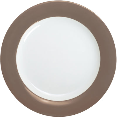 Ein runder, flacher Teller mit einem schmalen, goldbraunen Rand. Die Telleroberfläche ist glänzend und weiß, während der Rand eine matte, etwas dunklere Farboberfläche hat. Der Teller liegt auf einem neutralen Hintergrund, der die Form und das Design hervorhebt. Ideal für die Verwendung bei festlichen Anlässen oder im Alltag.