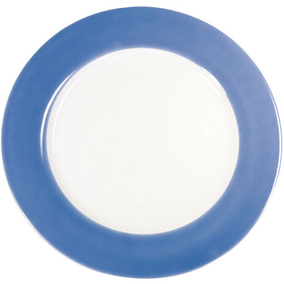 Ein runder Teller mit einer breiten, blauen Umrandung und einer weißen Mitte. Die Umrandung ist glatt und gleichmäßig, während die Innenseite des Tellers unbeschichtet und schlicht bleibt. Der Teller ist flach und bietet ausreichend Platz für eine Mahlzeit oder zur Präsentation von Speisen. Sein elegantes Design macht ihn geeignet für verschiedene Anlässe, von alltäglichem Gebrauch bis zu festlichen Tischdeckungen.