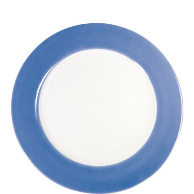 Ein runder Teller mit einem weißen, glatten Innenbereich und einem breiten, blauen Rand. Der Teller hat eine schlichte, elegante Form und wirkt modern und einladend. Ideal für den Einsatz beim Servieren von Speisen.