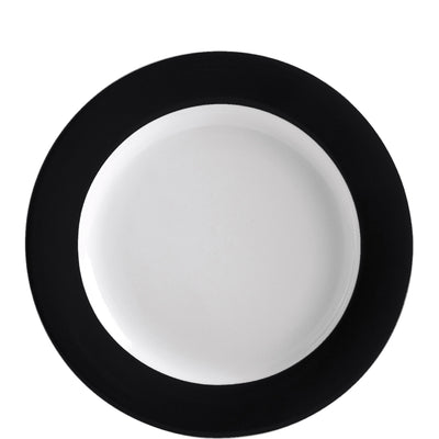 Ein runder, flacher Teller mit einem schmalen, schwarzen Rand und einer weißen Innenfläche. Der Teller ist auf einem neutralen Hintergrund platziert, wodurch sein modernes und elegantes Design hervorgehoben wird. Ideal für ansprechende Tischdekorationen oder als Teil eines Geschirrsets.