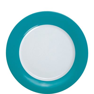 Ein runder Teller mit einer weißen, glatten Innenseite und einem breiten, türkisfarbenen Rand. Der Teller ist auf einem neutralen Hintergrund platziert und hat eine einfache, moderne Design. Er eignet sich für verschiedene Anlässe, sei es für Alltag oder besondere Gelegenheiten.