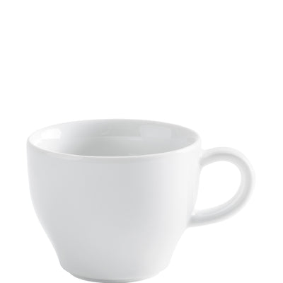 Eine schlichte, weiße Kaffeetasse aus Porzellan. Sie hat eine runde Form und einen stabilen Henkel auf der rechten Seite. Die Tasse ist leer und auf einem hellen Untergrund platziert, was ihre klare Struktur und elegante Einfachheit betont.