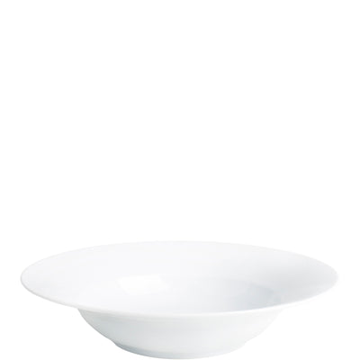 Ein flacher, weißer, runder Teller aus Keramik mit einem schlichten, eleganten Design. Der Teller hat eine glatte Oberfläche und einen leicht nach oben gewölbten Rand, der ihn ideal für Servieren von Speisen macht. Der Hintergrund des Bildes ist neutral gehalten, um den Fokus auf den Teller zu lenken.