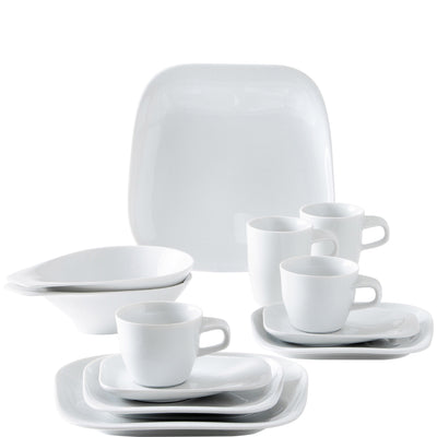 Eine Zusammenstellung von weißem Geschirr, bestehend aus einem großen quadratischen Teller, ovalen und runden Schalen sowie mehreren flachen Tellern. Zudem sind zwei Tassen abgebildet, die auf einem kleinen Teller stehen. Das Geschirr hat ein schlichtes, modernes Design und ist aus glattem Porzellan gefertigt. Die Anordnung zeigt eine harmonische Kombination, die für Tischgedecke geeignet ist.