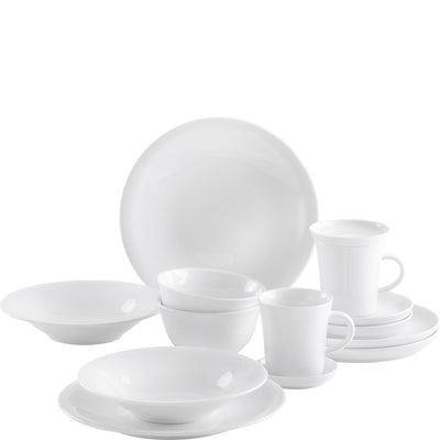 Weißes Geschirrset bestehend aus mehreren Tellern in verschiedenen Größen, Schalen und Tassen, die übereinander angeordnet sind. Das Set umfasst einen großen flachen Teller, tiefere Schalen, kleine und große Tassen sowie Unterteller, alles in schlichtem, einfarbigem Design.