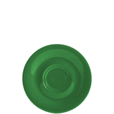 Eine runde, grüne Schale mit einem glänzenden Finish, die von oben betrachtet wird. Die Schale hat keine dekorativen Muster und ist einfach gestaltet, mit einem leicht vertieften Bereich in der Mitte, der für einen Teller oder eine Untertasse typischerweise charakteristisch ist. Der Hintergrund ist weiß und hebt die leuchtende Farbe der Schale hervor.