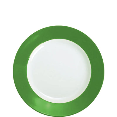 Ein runder Teller mit einem flachen, weißen Innenbereich und einem breiten, leuchtend grünen Rand. Der Teller ist unbeschriftet und ohne Muster, geeignet für eine Vielzahl von Gerichten. Die glatte Oberfläche reflektiert Licht. Ideal für den Alltag oder festliche Anlässe.