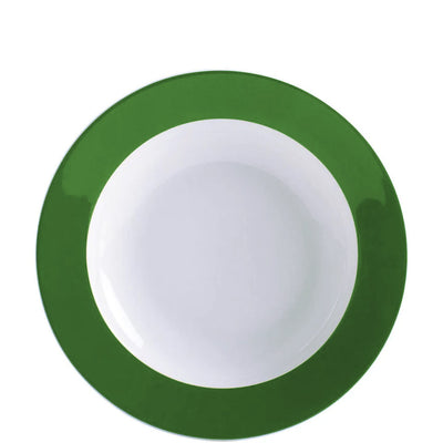 Ein runder Teller mit einem weißen Innenteil und einem leuchtend grünen Rand. Der Teller hat eine glatte Oberfläche und zeigt keine Muster. Er eignet sich für verschiedene Arten von Speisen und setzt einen farblichen Akzent auf dem Tisch. Die Szene vermittelt ein Gefühl von Frische und Modernität.