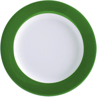 Ein runder Teller mit einem weißen Inneren und einem breiten, grünen Rand. Der Teller hat eine glatte, glänzende Oberfläche und ist in der Mitte leer. Der grüne Rand verleiht dem Teller einen auffälligen und modernen Look, ideal für den Einsatz bei Tischgedecken oder als stilvolle Servieroption.