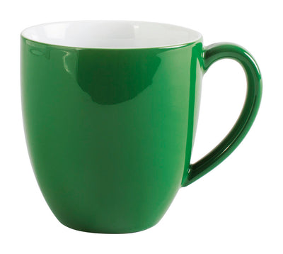 Grüne Keramiktasse mit einem weißen Innenraum. Die Tasse hat eine schlichte, moderne Form und einen ergonomischen Henkel. Sie steht auf einer glatten Oberfläche und wirkt frisch und einladend. Diese Tasse eignet sich ideal für heiße Getränke wie Kaffee oder Tee.