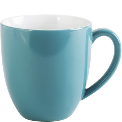 Eine gerade, moderne Teetasse in einem hellen Türkis mit einem breiten, geschwungenen Henkel. Die Innenfläche der Tasse ist weiß, während die Außenseite in kräftigem Türkis gehalten ist. Die Tasse hat eine schlichte, elegante Form und steht auf einem glatten Untergrund. Sie eignet sich gut für heiße Getränke wie Tee oder Kaffee.