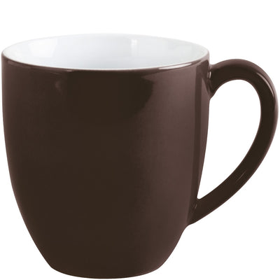 Braune Tasse mit ovalem Rand und breiterer Unterseite, innen weiß. Die Tasse hat eine glatte Oberfläche und einen schlichten, modernen Look. Ideal für Kaffee oder Tee. Der Kontrast zwischen der dunklen Außen- und der hellen Innenseite hebt das elegante Design hervor.