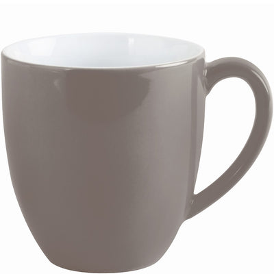Ein grauer Keramikbecher ohne Henkel, mit einem weißen Innenleben. Der Becher hat eine schlichte, moderne Form und steht auf einer weißen Oberfläche. Die glatte Oberfläche lässt ihn elegant wirken und eignet sich für heiße Getränke.