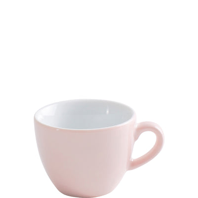 Eine zarte, rosa Kaffeetasse aus Keramik mit einem glatten, glänzenden Finish. Die Tasse hat eine zylindrische Form und einen leicht gerundeten Henkel. Der Innenraum der Tasse ist weiß und spiegelt das Licht wider. Die Tasse steht auf einem einfachen weißen Hintergrund, was den Fokus auf das Produkt lenkt. Ideal für den Genuss von Kaffee oder Tees.