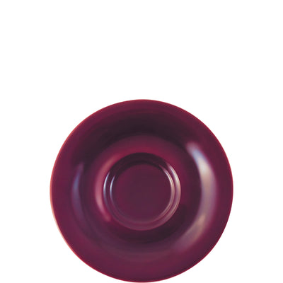 Ein runder, tiefroter Teller, der von oben fotografiert wurde. Der Teller hat eine glatte Oberfläche und eine leicht vertiefte Mitte. Der Hintergrund ist hell und einfarbig, wodurch der Teller hervortritt.
