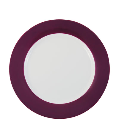 Ein runder Teller mit einem tiefen, burgunderfarbenen Rand und einer weißen Innenfläche. Der Teller hat eine glatte, glänzende Oberfläche und ein schlichtes Design, das sich harmonisch in verschiedene Tischdekorationen einfügt. Ideal für servierfertige Gerichte oder als dekoratives Element bei festlichen Anlässen. Der Teller zeigt eine klare Form und liegt gut in der Hand.