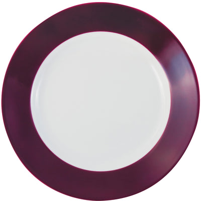 Ein runder Teller mit einem schmalen Rand in dunkellila und einer glatten, weißen Mitte. Der Teller hat einen eleganten, modernen Look und könnte für eine festliche Tafel oder den täglichen Gebrauch verwendet werden.