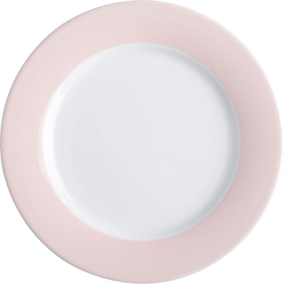 Ein runder, flacher Teller mit einem weißen Innenbereich und einem schmalen, pastellrosa Rand. Der Teller hat eine glatte Oberfläche und ist unifarben, ohne zusätzliche Verzierungen oder Muster. Der Fokus liegt auf der eleganten Form und der sanften Farbkombination, die eine klassische und ansprechende Optik vermittelt.