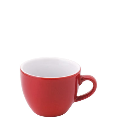 Eine einzelne, runde Tasse in leuchtendem Rot mit einem schlichten Design. Die Innenseite der Tasse ist weiß, während die Außenseite in kräftigem Rot gehalten ist. Die Tasse hat einen kleinen, stabilen Henkel auf der rechten Seite. Das Bild zeigt die Tasse auf einem neutralen Hintergrund und hebt die Farben und die Form gut hervor. Ideal für Kaffeeliebhaber oder als dekoratives Element.