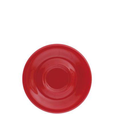 Runder, flacher Teller in leuchtendem Rot mit einer leicht gewölbten Kante. Die Innenseite ist glatt und glänzend, während die Oberfläche gleichmäßig und ohne Muster ist. Der Teller hat ein zentrales Vertiefung, die für eine ansprechende Präsentation von Speisen geeignet ist. Ideal für Festlichkeiten oder als dekoratives Element. Der Hintergrund ist weiß, wodurch die kräftige Farbe des Tellers hervorgehoben wird.