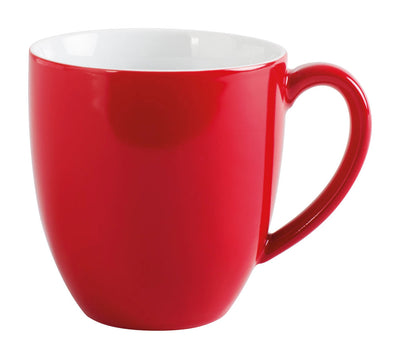 Eine große, rot-weiße Kaffeetasse mit einem glatten, glänzenden Finish. Die Tasse hat eine ovale Form und einen stabilen, breiten Henkel. Der Innenraum der Tasse ist weiß und spiegelt das Licht wider. Sie steht auf einer neutralen Oberfläche.