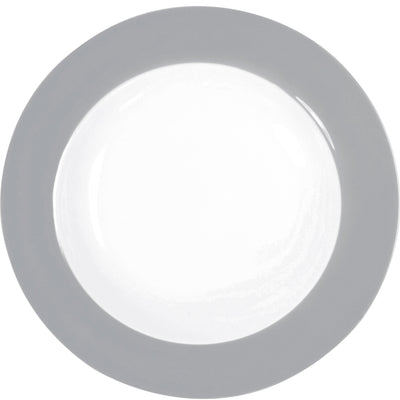 Rundes, flaches Geschirr mit einem schlichten, grauen Rand. Die Innenfläche des Tellers ist weiß und glänzend. Der Teller liegt auf einem neutralen Hintergrund. Ideal für den Einsatz beim Servieren von Speisen.