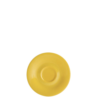 Kreisförmiger, flacher Teller in leuchtendem Gelb auf weißem Hintergrund. Der Teller hat eine leicht vertiefte Mitte und ist ganzrandig. Die Oberfläche reflektiert das Licht, wodurch eine glatte Textur erkennbar ist. Er scheint aus Kunststoff oder Keramik gefertigt zu sein und eignet sich für den Gebrauch in Küche oder Haushalt.