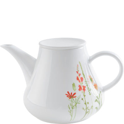 Weißer Porzellan-Teekanne mit einem zarten Blumenmuster in rot und grün. Die Kanne hat einen breiten Ausguss, einen runden Körper und einen ergonomischen Griff. Der Deckel ist passgenau und sitzt auf dem oberen Rand. Die floralen Motive verzieren die Kanne und verleihen ihr ein fröhliches, elegantes Aussehen. Ideal für Teeliebhaber und als dekoratives Element auf dem Tisch.