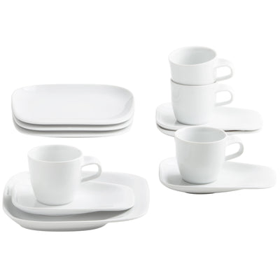 Ein Set aus vier weißen Tellern, darunter drei Kaffeetassen mit einem Stapel-Design. Die Tassen haben eine einfache Form mit einem praktischen Griff. Alle Teile sind in einem minimalistischen, modernen Stil gehalten und auf einem hellen Hintergrund angeordnet.