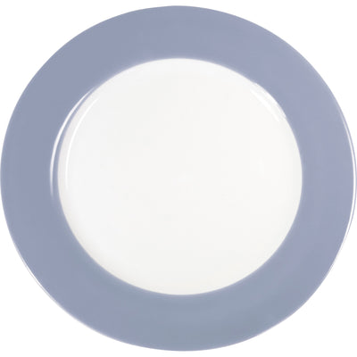 Ein runder, flacher Teller mit einem weißen inneren Bereich und einem breiten, lavendelblauen Rand. Der Teller ist aus Keramik und hat eine glatte Oberfläche. Der Kontrast zwischen dem weißen Zentrum und dem farbigen Rand verleiht ihm ein elegantes, modernes Aussehen. Ideal für servierte Speisen oder als dekoratives Element auf einem Tisch.