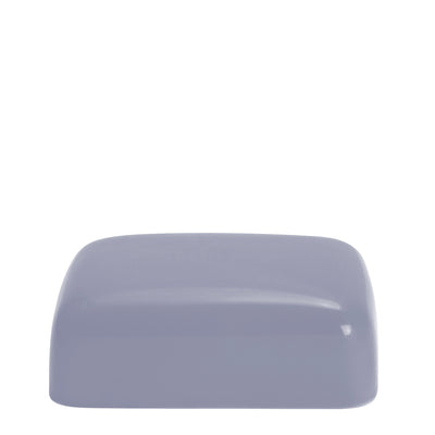 Das Oberteil der eckigen Butterdose. Die Außenseite ist blau-grau.