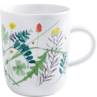 Eine weiße Tasse mit farbenfrohen, floralen Mustern. Die Außenfläche der Tasse ist verziert mit verschiedenen Pflanzenmotiven in Grün, Gelb und Rot. Die Tasse hat einen runden Körper und einen schlichten Henkel auf der rechten Seite. Der Stil ist modern und eignet sich für den täglichen Gebrauch oder als dekoratives Element.