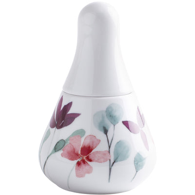 Eine stilvolle, weiße Keramikdose mit einem eleganten Deckel in Form eines Tropfens. Die Oberfläche ist mit zarten, bunten Blumen- und Blattmustern in Rosa, Lila und Grün verziert. Die Dose eignet sich als dekoratives Aufbewahrungsstück für kleine Gegenstände oder als blumige Ergänzung in der Inneneinrichtung.