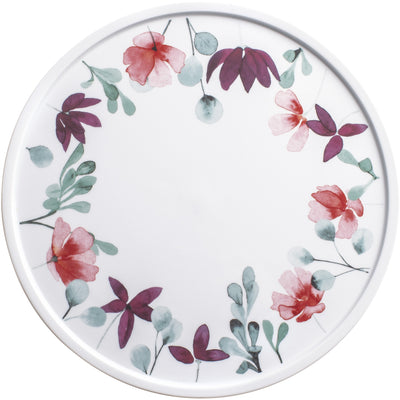 Ein runder, weißer Teller mit einem dekorativen Rand aus bunten Blumen und grünen Blättern. Die floralen Motive in Rosa, Lila und sanften Grüntönen sind harmonisch angeordnet und schaffen einen einladenden, frischen Look. Der Teller hat ein schlichtes Design in der Mitte, das den Fokus auf die florale Umrandung lenkt. Ideal für den Einsatz bei festlichen Anlässen oder als dekoratives Element in der Küche.