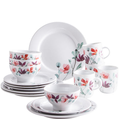 Ein Geschirrset bestehend aus mehreren Tassen, Schalen und Tellern. Die Tassen und Schalen sind mit bunten Blumenmuster in Rosa, Lila und Grün verziert. Im Hintergrund sind flache Teller und ein großer Servierteller sichtbar. Das Geschirr ist aus glänzendem Porzellan und hebt sich auf einem hellen Hintergrund hervor. Ideal für festliche Anlässe oder den täglichen Gebrauch.