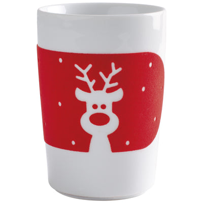 Ein weißer Becher mit rotem Rand, der ein freundliches Rentier mit einem runden, weißen Kopf und kleinen Geweihen zeigt. Der Hintergrund ist mit weißen Schneeflocken dekoriert, die das festliche Design unterstreichen. Der Becher hat eine schlichte, moderne Form und eignet sich gut für saisonale Getränke oder als dekoratives Element.
