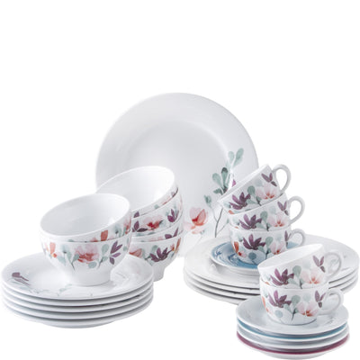 Ein Set aus Porzellangeschirr mit floralem Dekor. Das Set umfasst mehrere Teller, Schalen und Tassen in verschiedenen Größen. Die Tassen sind mit bunten Blumenmustern verziert und stehen auf einem Teller. Die Schalen sind in der Mitte angeordnet, während die Teller gestapelt im Hintergrund liegen. Die gesamte Präsentation vermittelt einen eleganten und einladenden Eindruck.